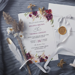 Convite Casamento com Código QR Floral Vermelho Burgundy C