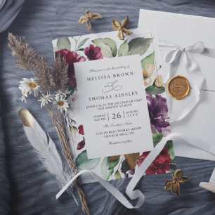 Convite Casamento com Código QR Floral Vermelho Burgundy R