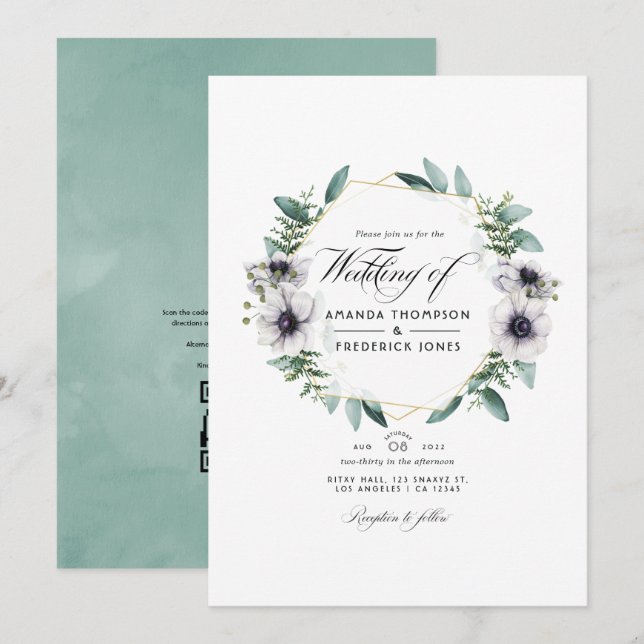 Convite Casamento com código QR geométrico de anemone de E (Frente/Verso)