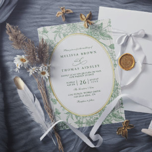 Convite Casamento com Código QR Minimalista Floral Verde V