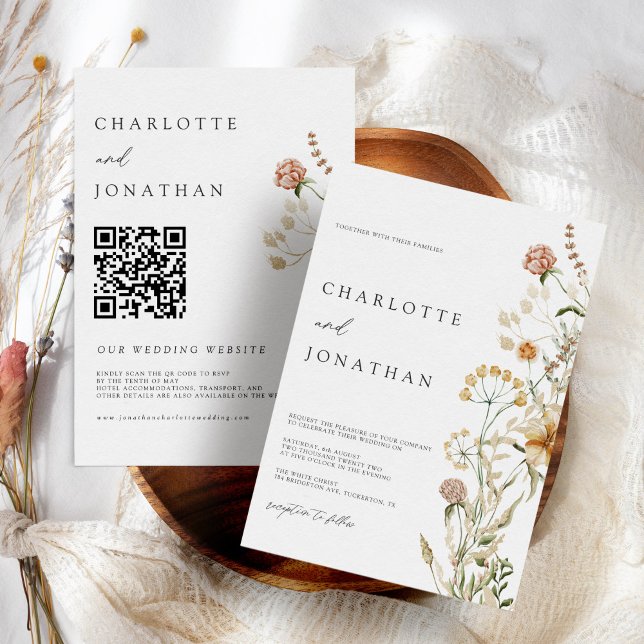 Convite Casamento com Código QR Mínimo de Boho Wildflower (Criador carregado)