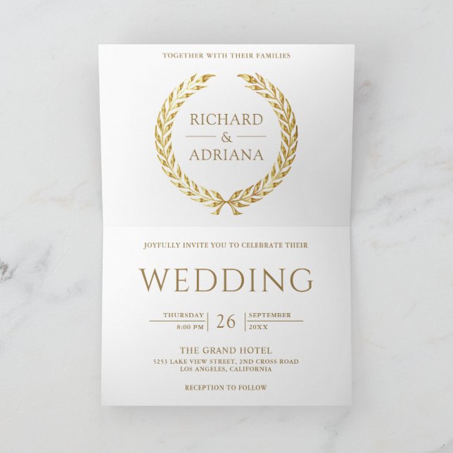 Convite Casamento com Código QR Mínimo de Louro Dourado (Interior)