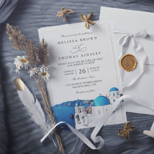 Convite Casamento com Código QR Moderno Aquarela Santorini