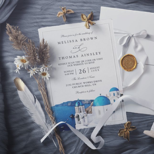 Convite Casamento com Código QR Moderno Aquarela Santorini (Criador carregado)