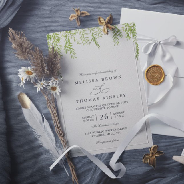 Convite Casamento com Código QR Moderno de Vegetação Rústi (Criador carregado)