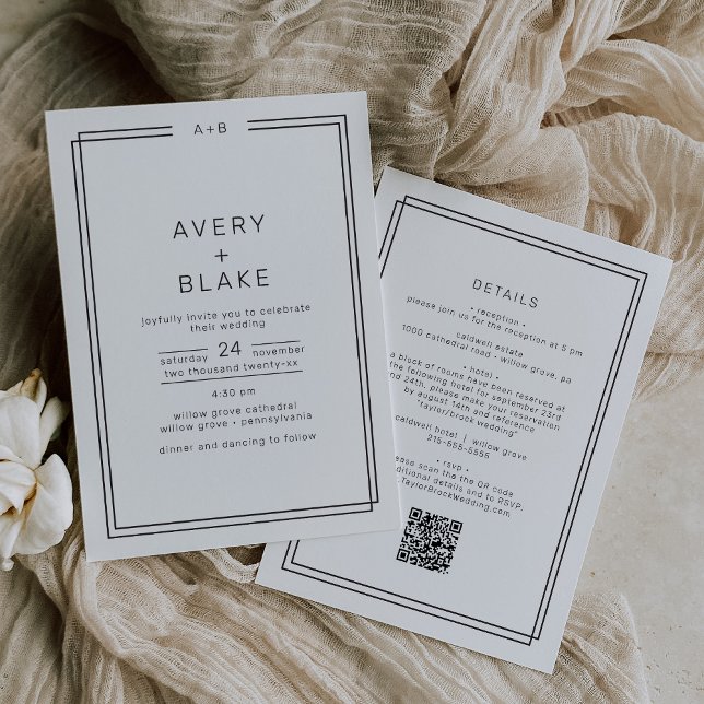 Convite Casamento com Código QR Monocromático Moderno e Mi (AVERY Modern Minimalist Monochrome QR Code Wedding Invitation)