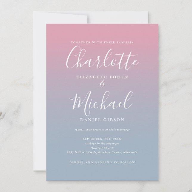 Convite Casamento com Código QR Ombre Rosa e Azul Empoeira (Frente)