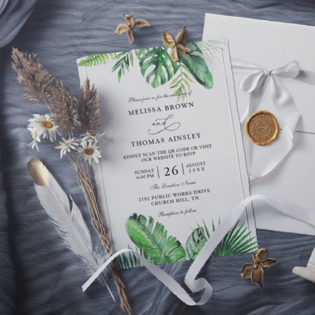 Convite Casamento com Código QR Orçamentário Elegante Palm (Criador carregado)
