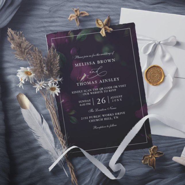 Convite Casamento com Código QR Orçamento de Flores Roxas  (Criador carregado)