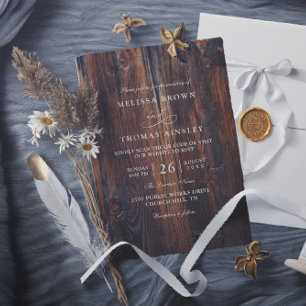 Convite Casamento com Código QR País Rústico de Madeira Te