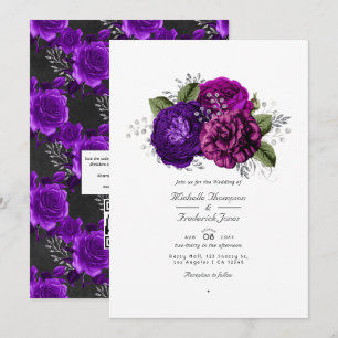 Convite Casamento com código QR para RSVP com Floral Roxa