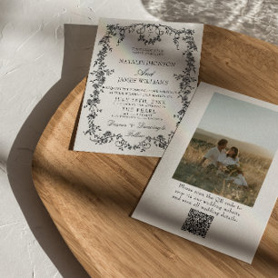 Convite Casamento com Código QR Preto e Branco Floral Foto