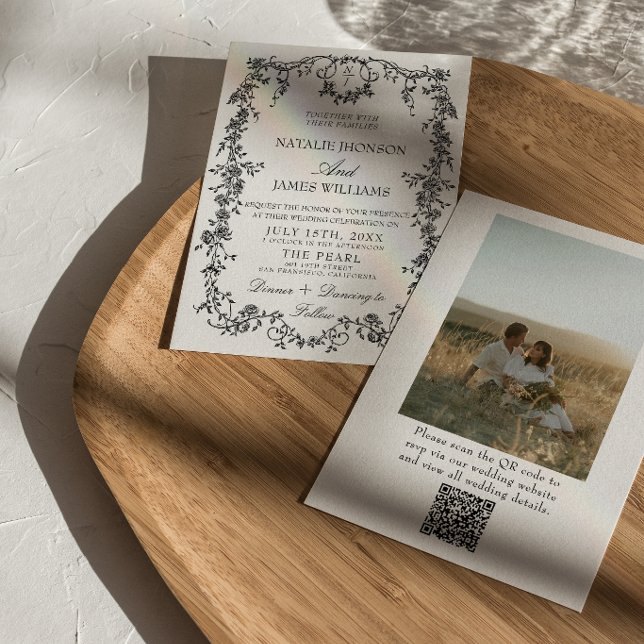 Convite Casamento com Código QR Preto e Branco Floral Foto (Criador carregado)