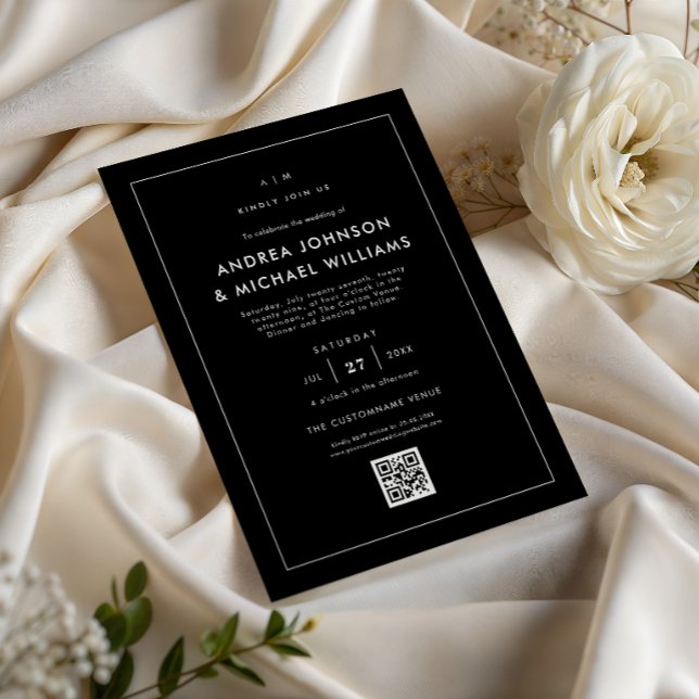 Convite Casamento com Código QR Preto Minimalista (Criador carregado)