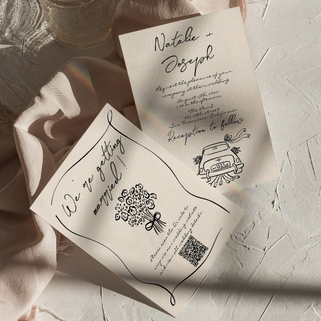 Convite Casamento com Código QR Romântico Desenhado na Mão (Criador carregado)