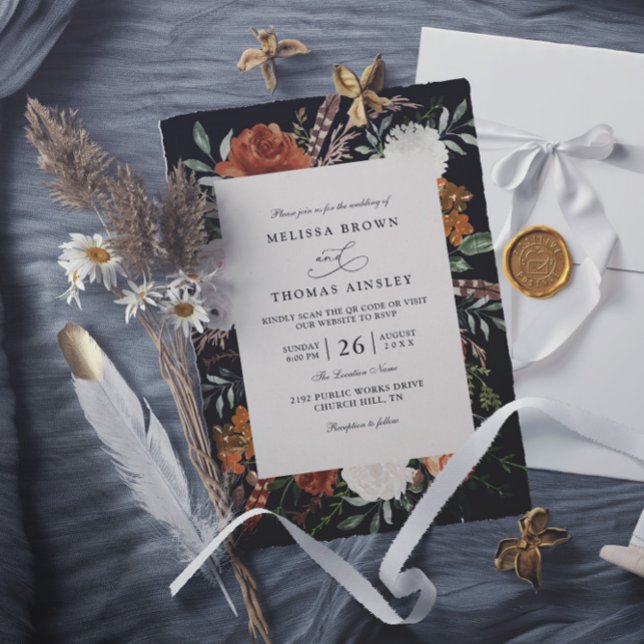 Convite Casamento com código qr rústico floral de terracot (Criador carregado)