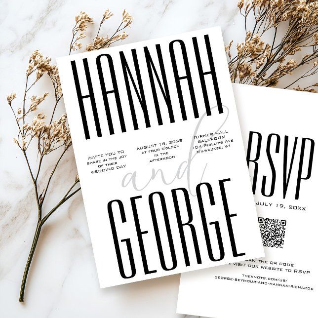 Convite Casamento com código QR simples preto e branco mod (Unique simple bold typography black and white all-in-one QR code RSVP minimalist wedding invitation)