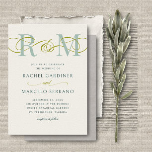 Convite Casamento com Código QR Verde Verde da Sala Monogr