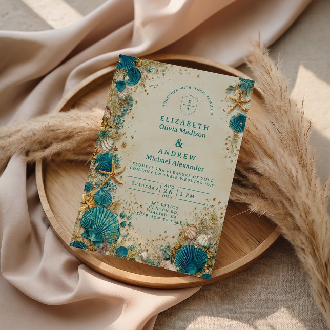 Convite Casamento com Conchas Inspiradas no Oceano (Criador carregado)
