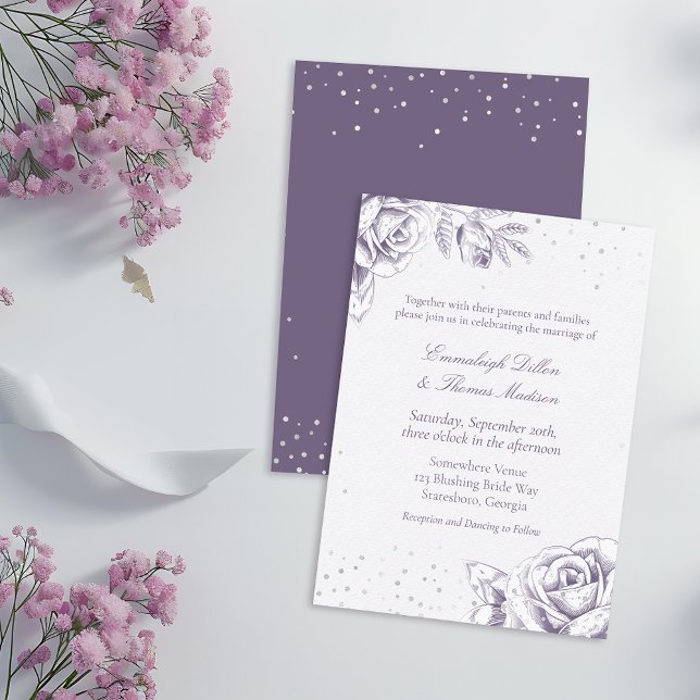 Convite Casamento com Confetes de Glitter de Rosa Roxa Vin (Criador carregado)