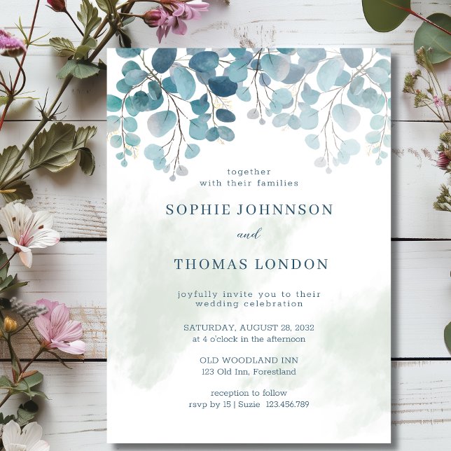 Convite Casamento com cor d'água de eucalipto verde (Criador carregado)