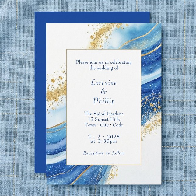 Convite Casamento com Cor de Água Azul e Dourada Elegante (Elegant Blue and Gold Watercolor Wedding Invitation)