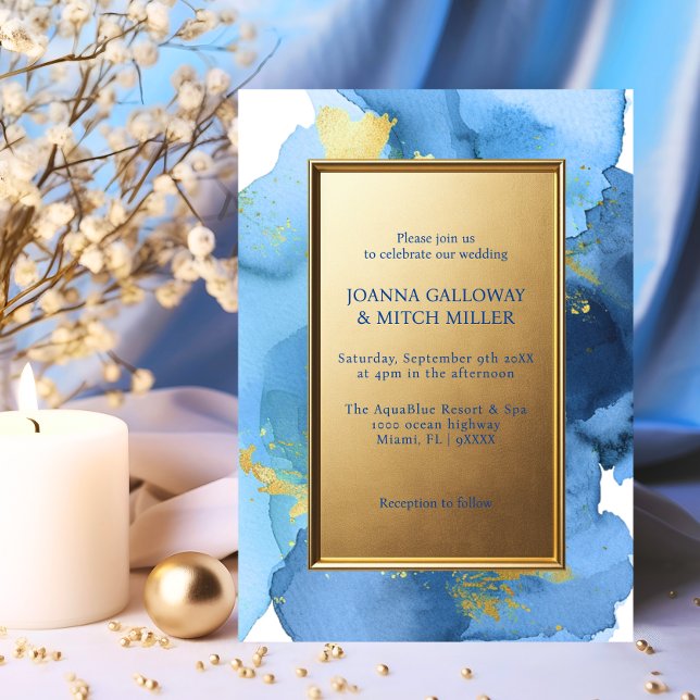 Convite Casamento com Cor de Água Dourada Azul do Marinho  (Modern Abstract Navy Blue Gold Watercolor Wedding Invitation)
