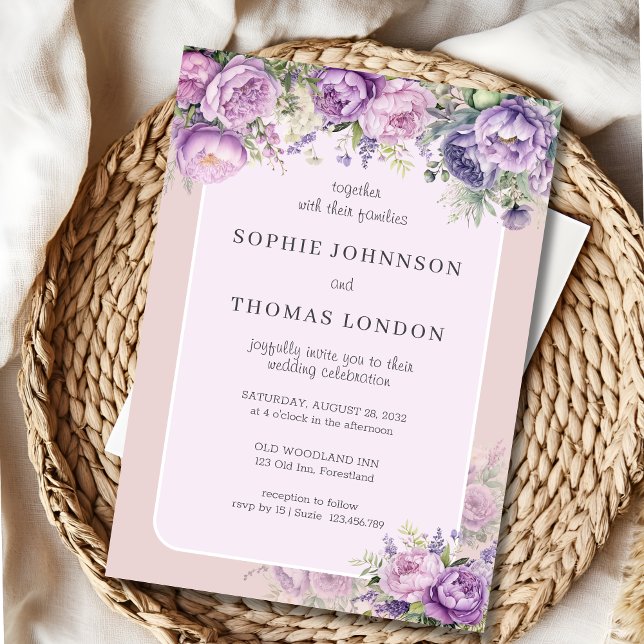 Convite Casamento com cor de água floral violeta empoeirad (Criador carregado)