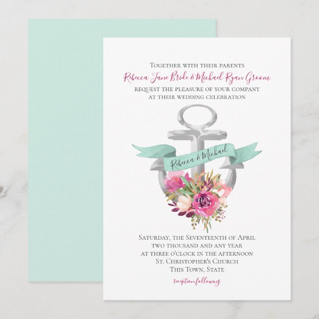 Convite Casamento com Cor Náutica de Ângulo Floral (Frente/Verso)