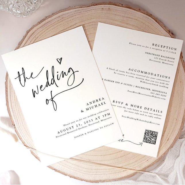 Convite Casamento com Coração Moderno Código QR (Elegant handwriting wedding invitation with heart and details on back (all in one invite))