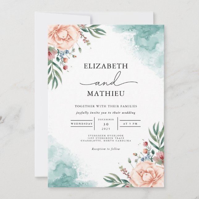 Convite Casamento com Coral & Teal Bloom (Frente)