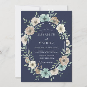 Convite Casamento com Coroa Botânica Marinho