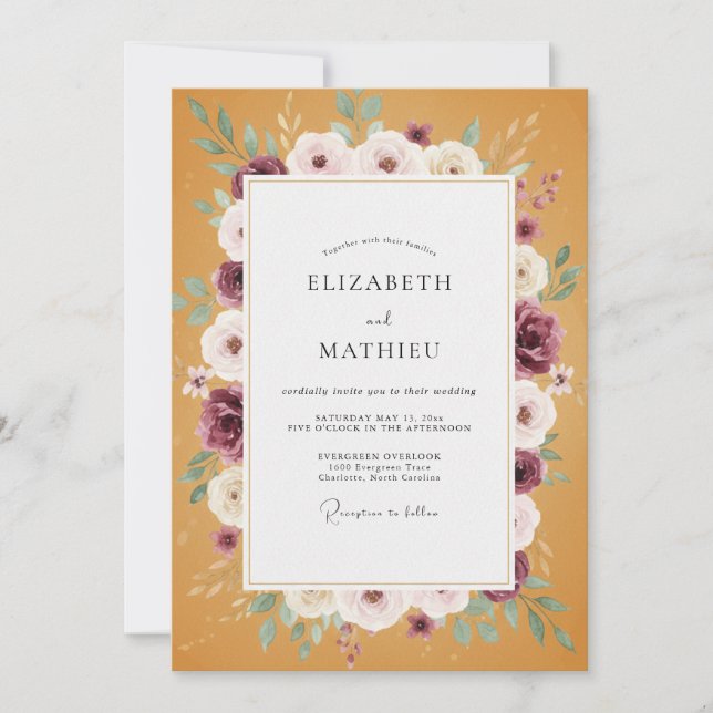 Convite Casamento com Coroa de Ameixa e Mostarda Meadow (Frente)