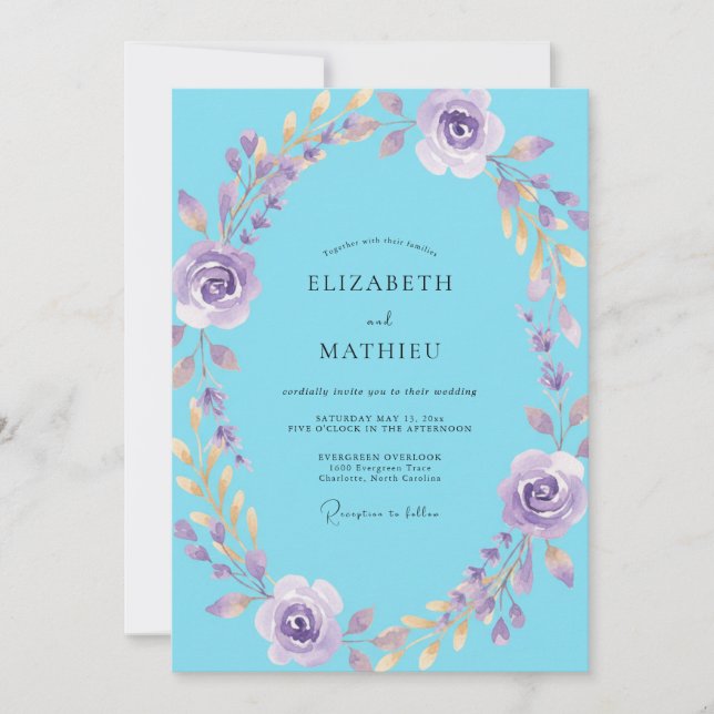 Convite Casamento com Coroa de Azul Malva (Frente)