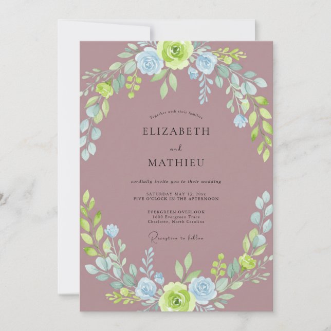 Convite Casamento com Coroa de Azul Mauve Empoeirado (Frente)