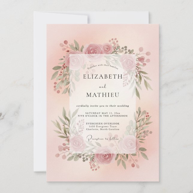 Convite Casamento com Coroa de Blush Mauve (Frente)