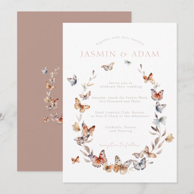 Convite Casamento com Coroa de Borboleta Rosa Elegante (Frente/Verso)