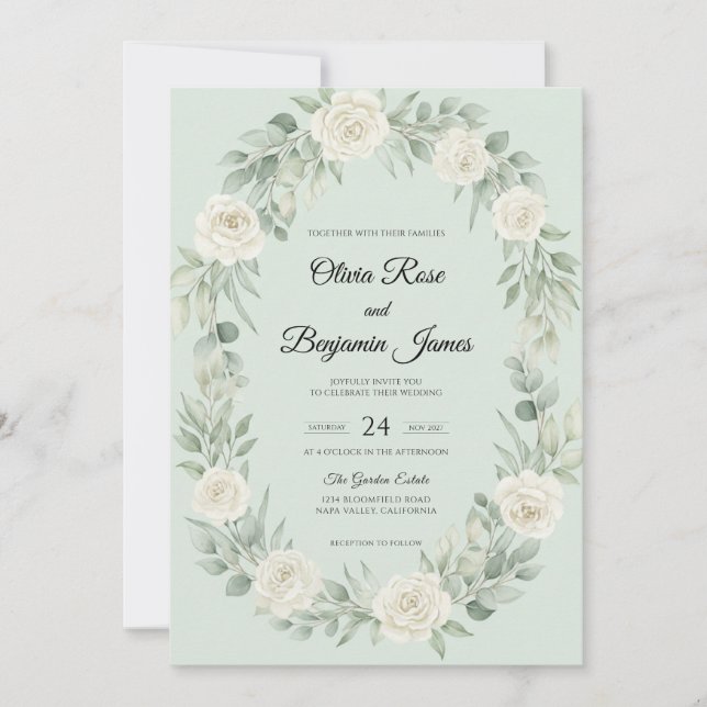Convite Casamento com Coroa de Branco Hortelã (Frente)