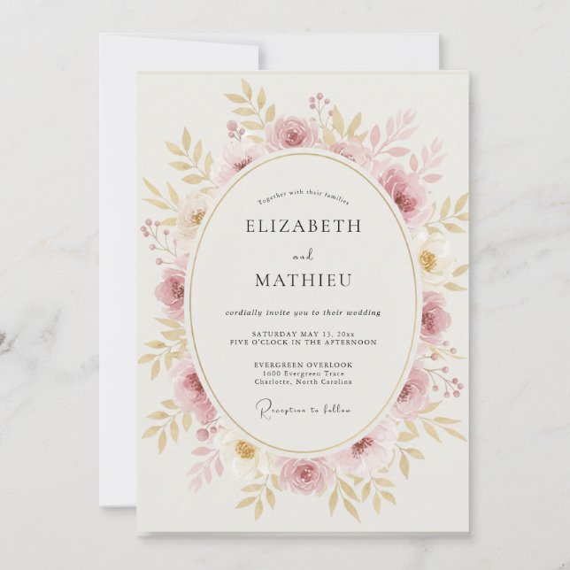 Convite Casamento com Coroa de Champagne Blush (Frente)