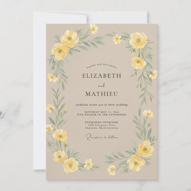 Convite Casamento com Coroa de Champanhe Amarelo (Frente)
