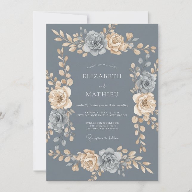 Convite Casamento com Coroa de Champanhe Slate Antique (Frente)