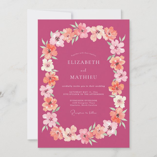 Convite Casamento com Coroa de Damasco Magenta (Frente)