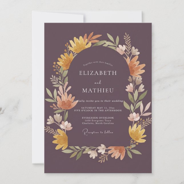Convite Casamento com Coroa de Damasco Roxo Silenciado (Frente)