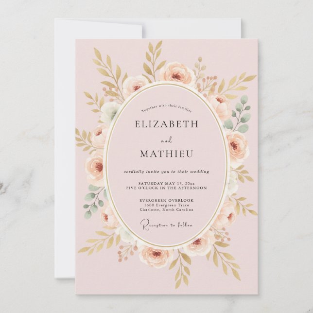Convite Casamento com Coroa de Dourado Rosado (Frente)