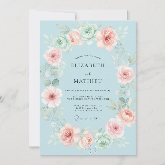 Convite Casamento com Coroa de Flores Azure Blush (Frente)