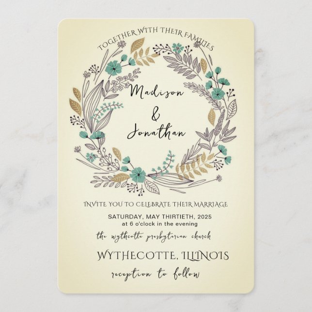 Convite Casamento com Coroa de Flores em Aquarela Romântic (Frente)