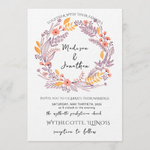 Convite Casamento com Coroa de Flores em Aquarela Romântic
