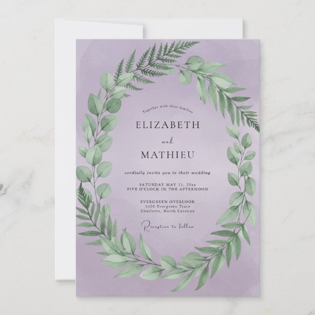 Convite Casamento com Coroa de Folhas de Lilás (Frente)