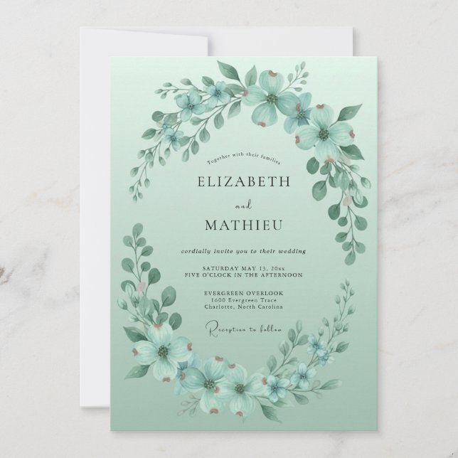 Convite Casamento com Coroa de Folhas Espumosa do Mar (Frente)