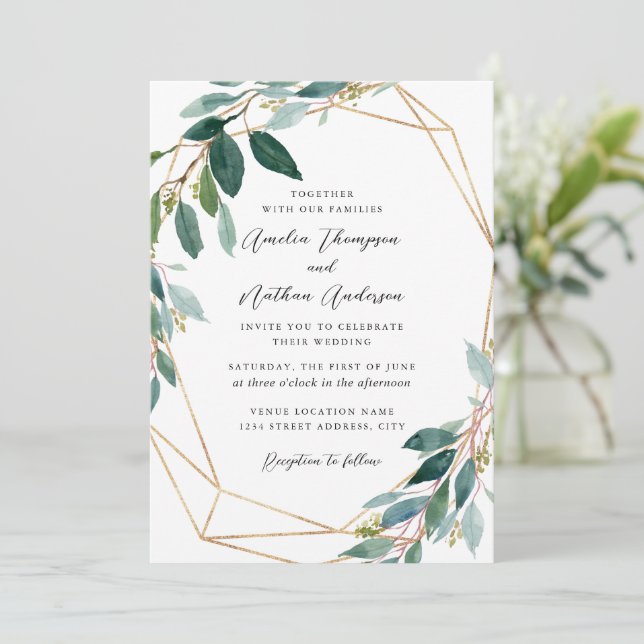 Convite Casamento com Coroa de Folhas Modernas (Em pé/Frente)